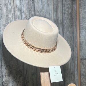 Elegant Cream Hat with Gold Chain Accent